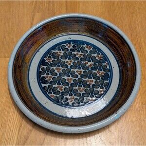 Beautiful Handmade Pottery Makers Imprint Brown Glass Blue Flowers Plate Dish